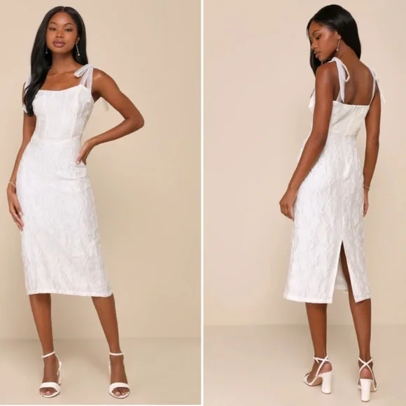 Lulu's White Textured Tie-Shoulder Midi Dress - Picture 4 of 4